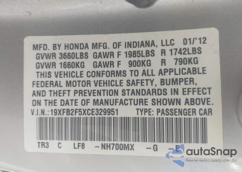 2012 Honda Civic Lx из США, поврежденный, VIN 19XFB2F5XCE329951